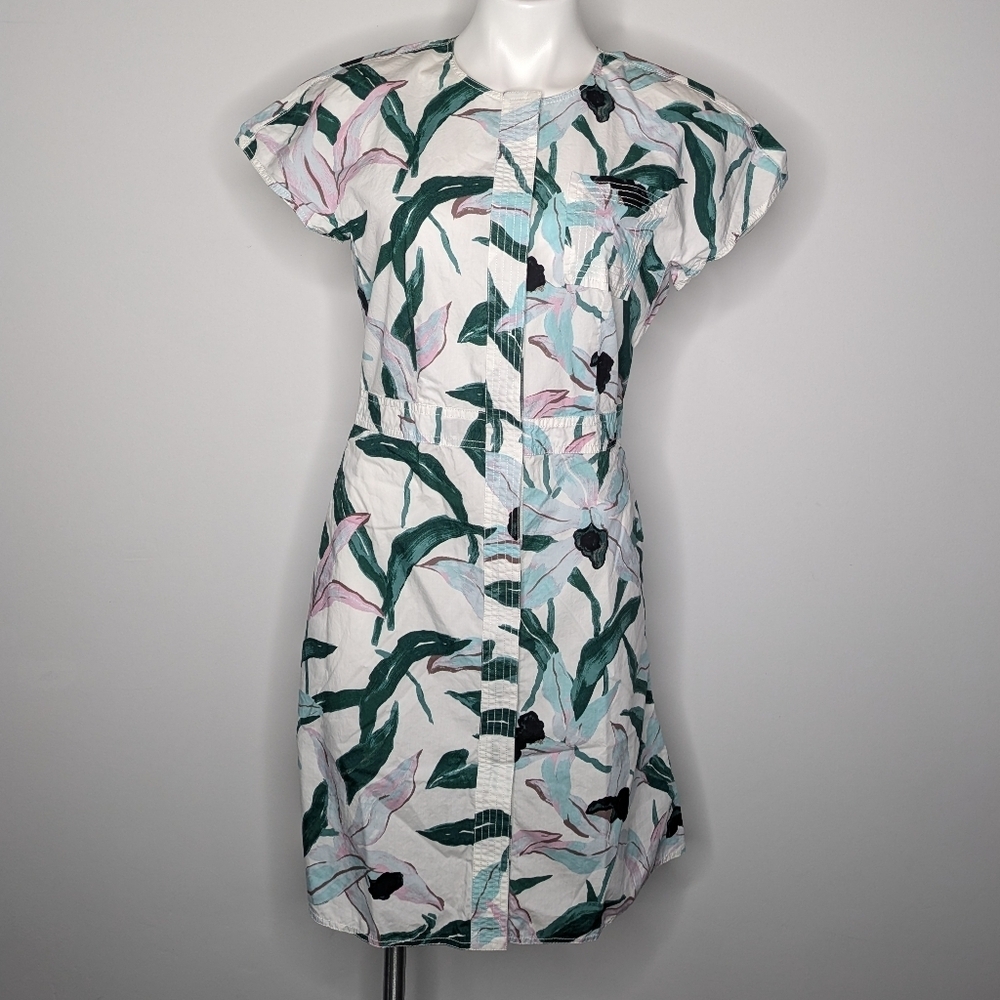 Tory Burch White Green Floral Cotton Button Up Short Sleeve Dress 6